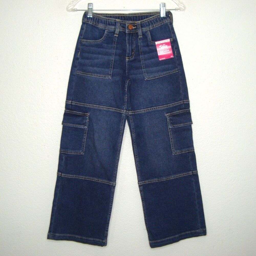 NEW Justice Cargo Jeans Trendy Girls Blue Denim Pockets Stretchy Comfy Size 10